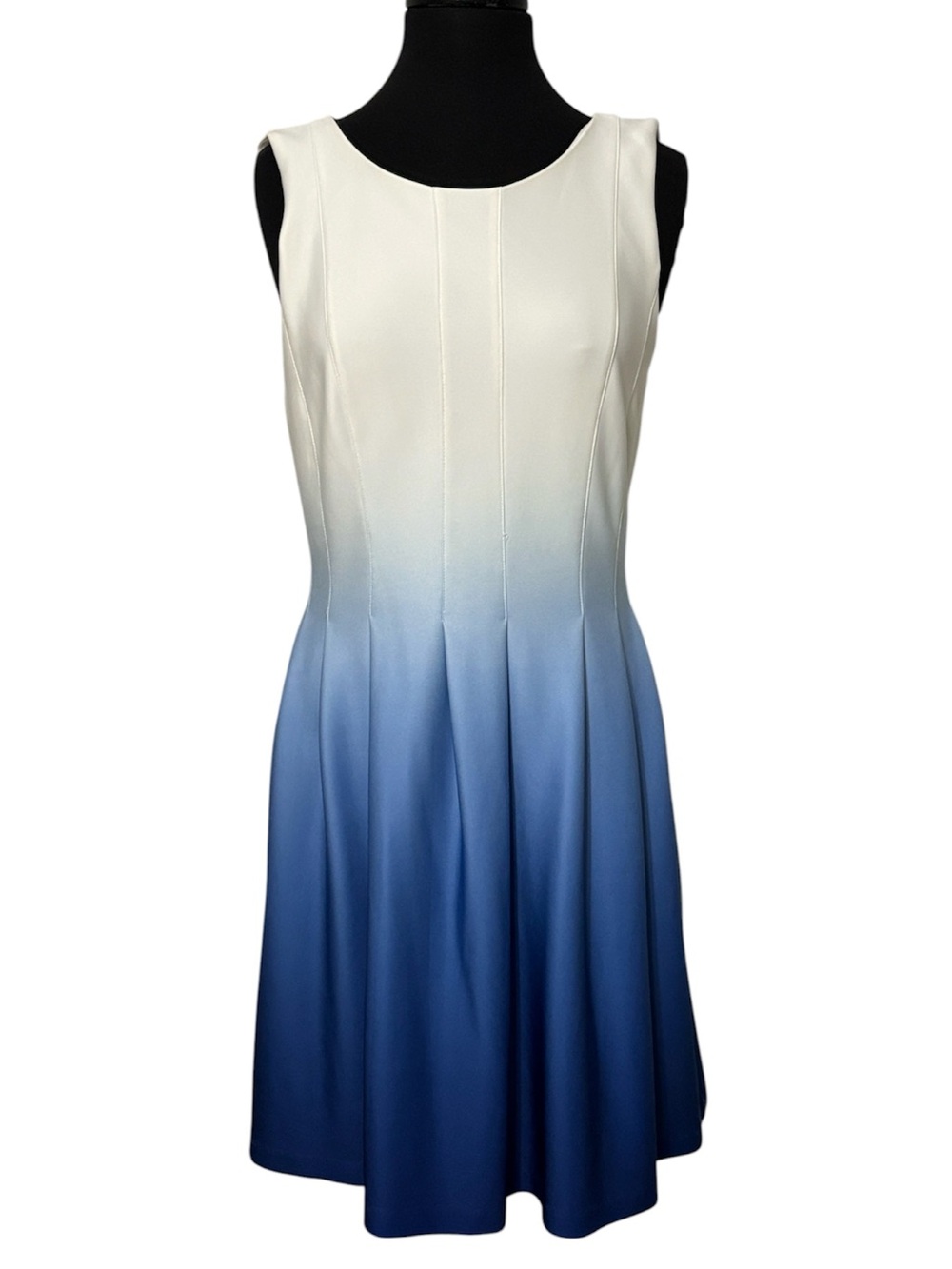 Calvin Klein Size 12 White to Blue Ombre Sleeveless Fit-and-Flare Midi Dress